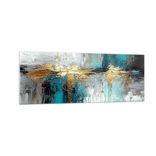 Obraz na szkle - Abstrakcyjna kompozycja z turkusem i złotymi akcentami - 140x50cm - Wszystko płynie - Nowoczesna dekoracja ścienna do salonu i sypialni ARTTOR