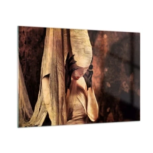 Obraz na szkle - Tajemnicza kobieta w otoczeniu złocistych tkanin - 100x70cm - Między dobrem a złem - Nowoczesna dekoracja ścienna do salonu, kuchni i sypialni ARTTOR