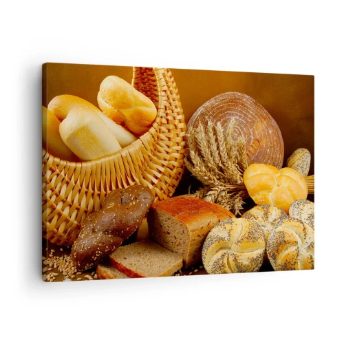 Obraz na płótnie - Różnorodne pieczywo w wiklinowym koszu na tle złotym - 70x50cm - Znowu się nam upiekło - Nowoczesna dekoracja ścienna do salonu i sypialni ARTTOR