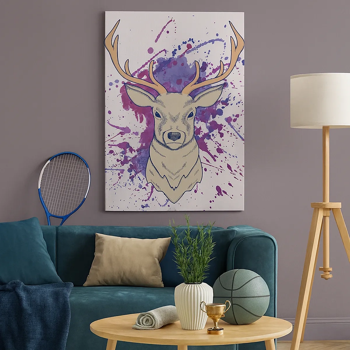 Obraz na płótnie - Graficzna ilustracja jelenia z akwarelowym tłem - 50x70cm - Odwaga i równowaga - Nowoczesna dekoracja ścienna do salonu, kuchni i sypialni ARTTOR