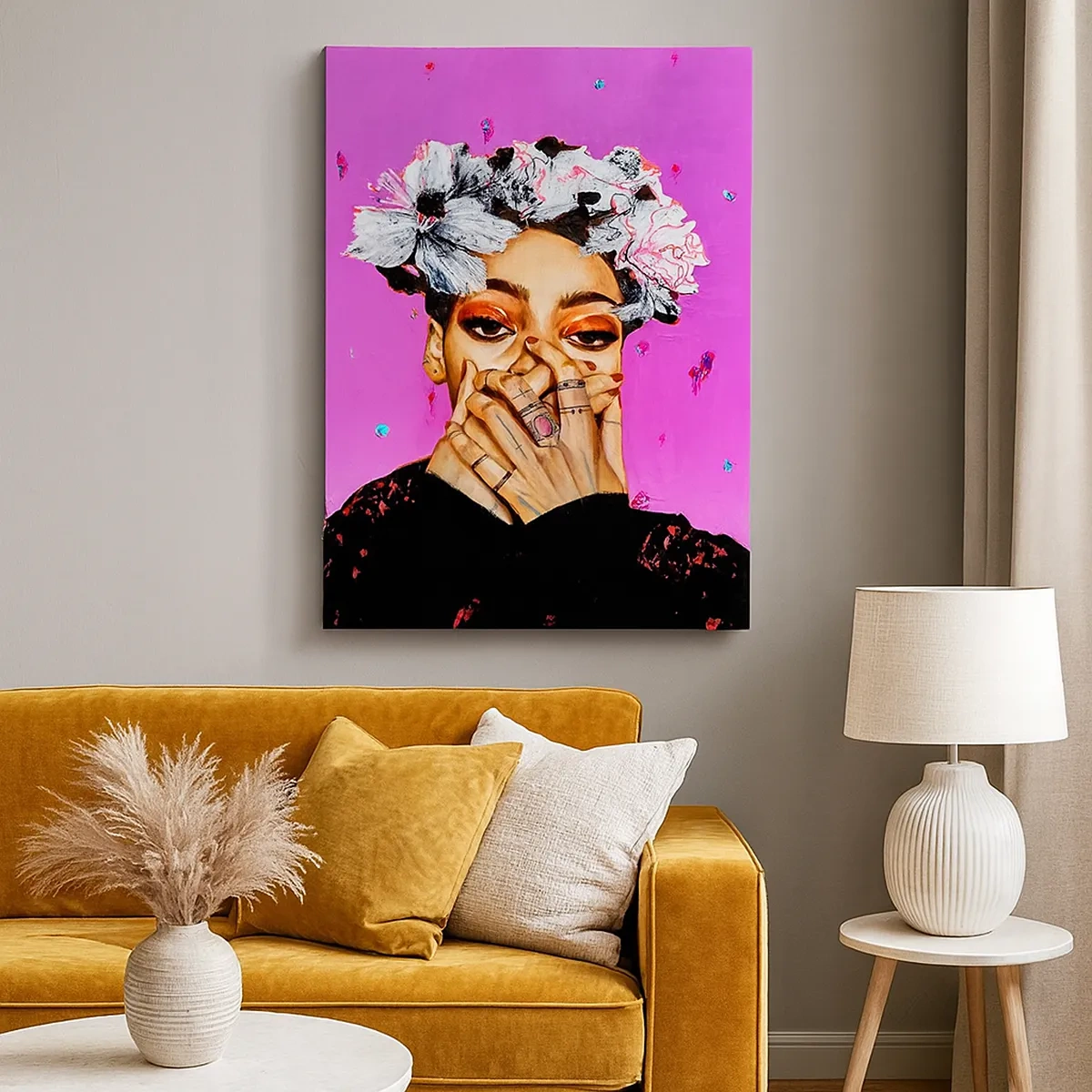 Obraz na płótnie - Portret kobiety na różowym tle z kwiatami we włosach - 50x70cm - Trochę szalona - Nowoczesna dekoracja ścienna do salonu, kuchni i sypialni ARTTOR