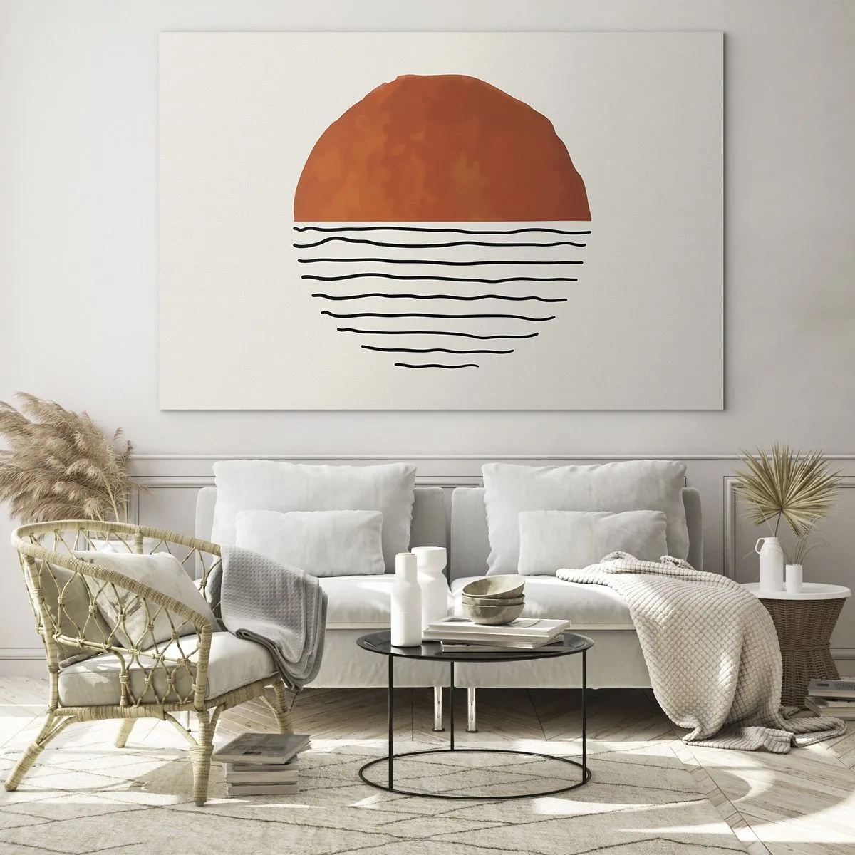 Obraz na szkle - Minimalistyczne słońce nad linią fal - 70x50cm - W japońskim klimacie - Nowoczesna dekoracja ścienna do salonu i sypialni ARTTOR