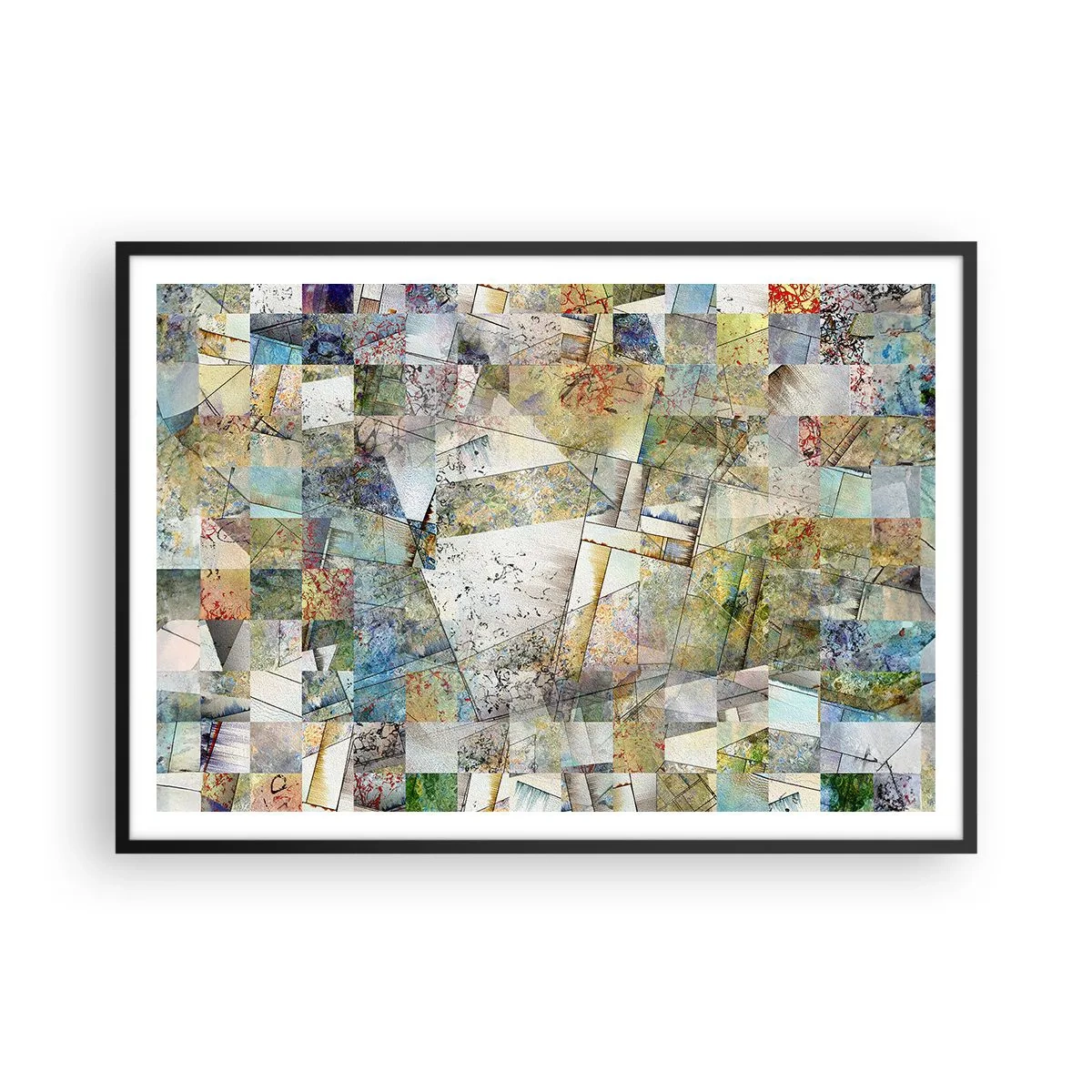 Plakat w czarnej ramie - Kolorowa abstrakcja z geometrycznymi kształtami i liniami - 100x70cm - Geometryczne przetasowanie - Nowoczesna dekoracja ścienna do salonu i sypialni ARTTOR