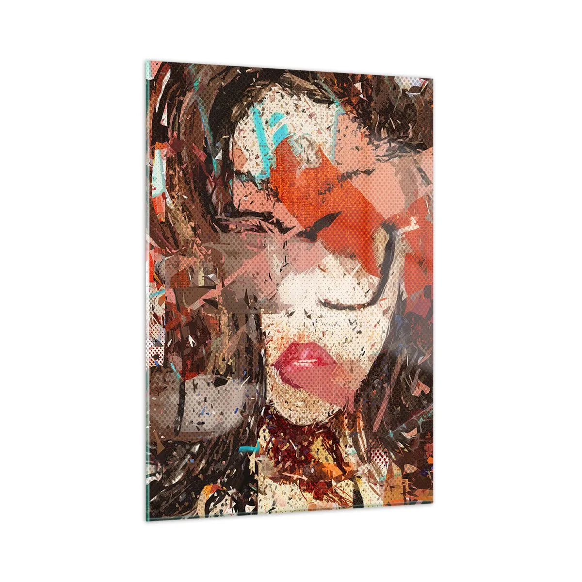 Obraz na szkle - Abstrakcyjny portret kobiety w odcieniach czerwieni i beżu - 50x70cm - Naprawdę, jaka jesteś, nie wie nikt - Nowoczesna dekoracja ścienna do salonu, kuchni i sypialni ARTTOR
