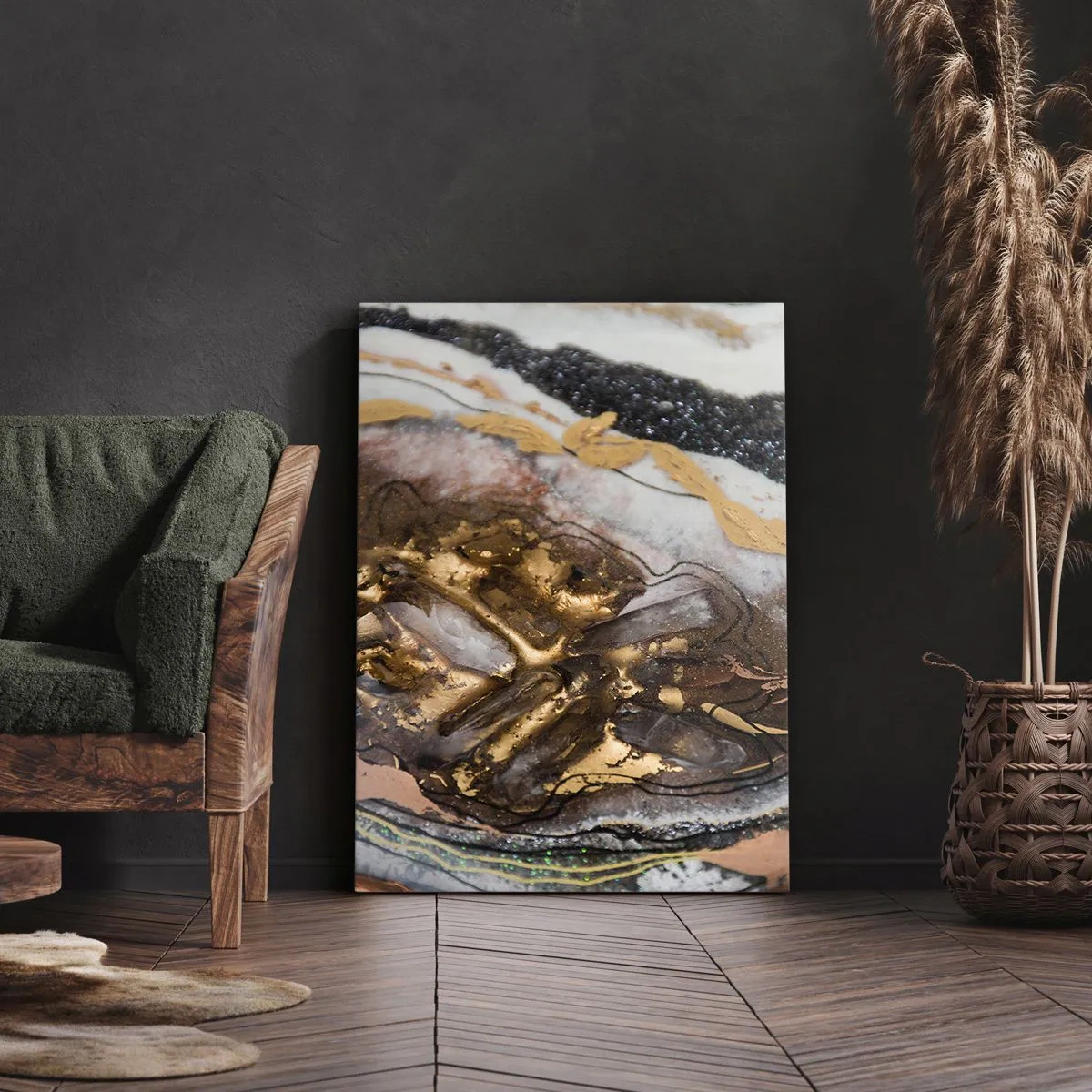 Obraz na płótnie - Abstrakcyjna kompozycja w stylu geody z elementami złota - 50x70cm - Żywioł ziemi - Nowoczesna dekoracja ścienna do salonu, kuchni i sypialni ARTTOR
