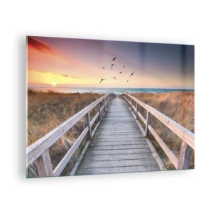 Obraz na szkle - Drewniana kładka nad wydmami prowadząca na plażę o zachodzie - 70x50cm - Przestrzeń wzlotów - Nowoczesna dekoracja ścienna do salonu i sypialni ARTTOR