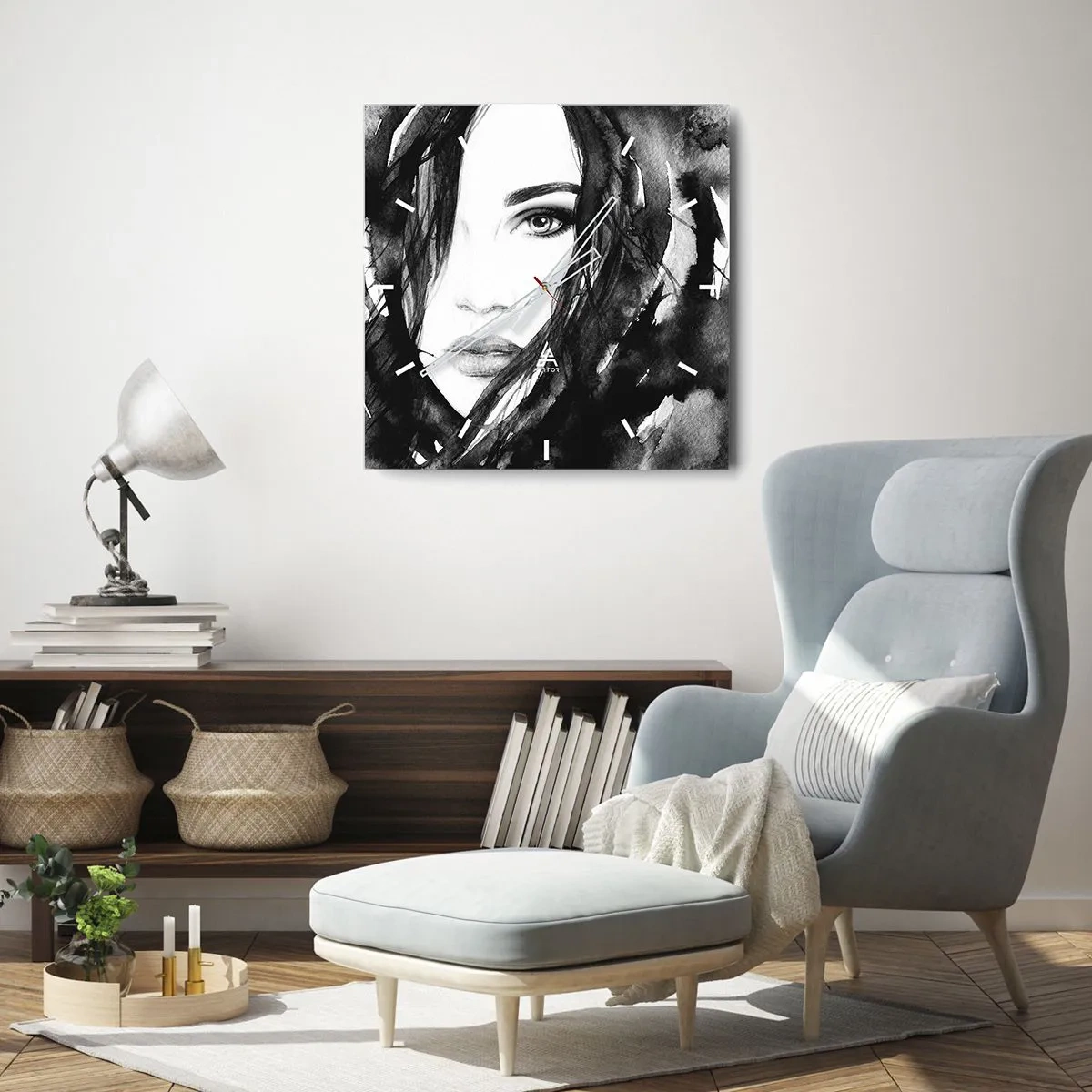 Zegar ścienny - Portret kobiety w czarno-białej akwareli - 30x30cm - Portret damy w czerni i bieli - Nowoczesna dekoracja ścienna do salonu i sypialni ARTTOR