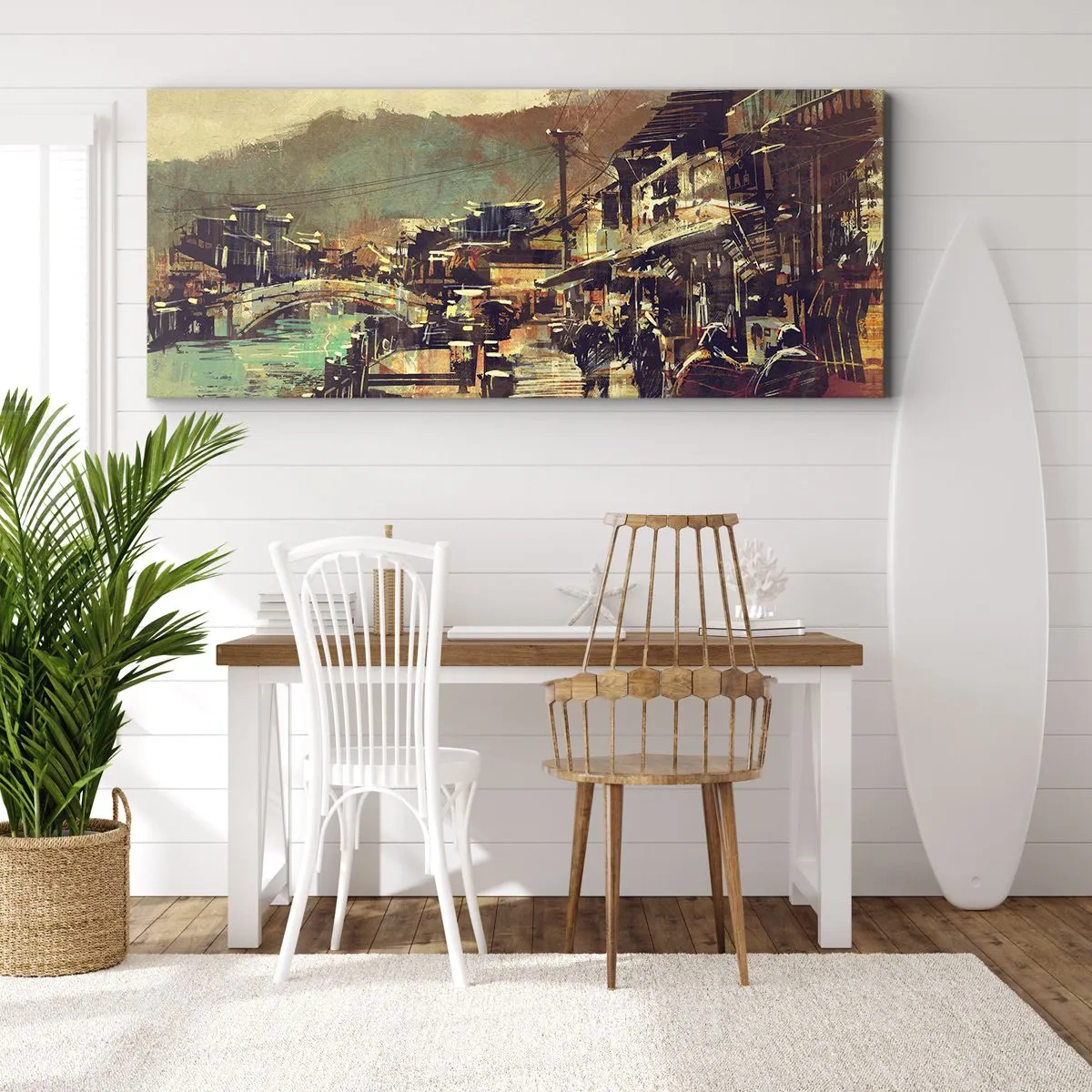 Obraz na płótnie - Miasteczko z mostem i uliczkami w artystycznym stylu - 120x50cm - Życie jako bogactwo szarości - Nowoczesna dekoracja ścienna do salonu i sypialni ARTTOR