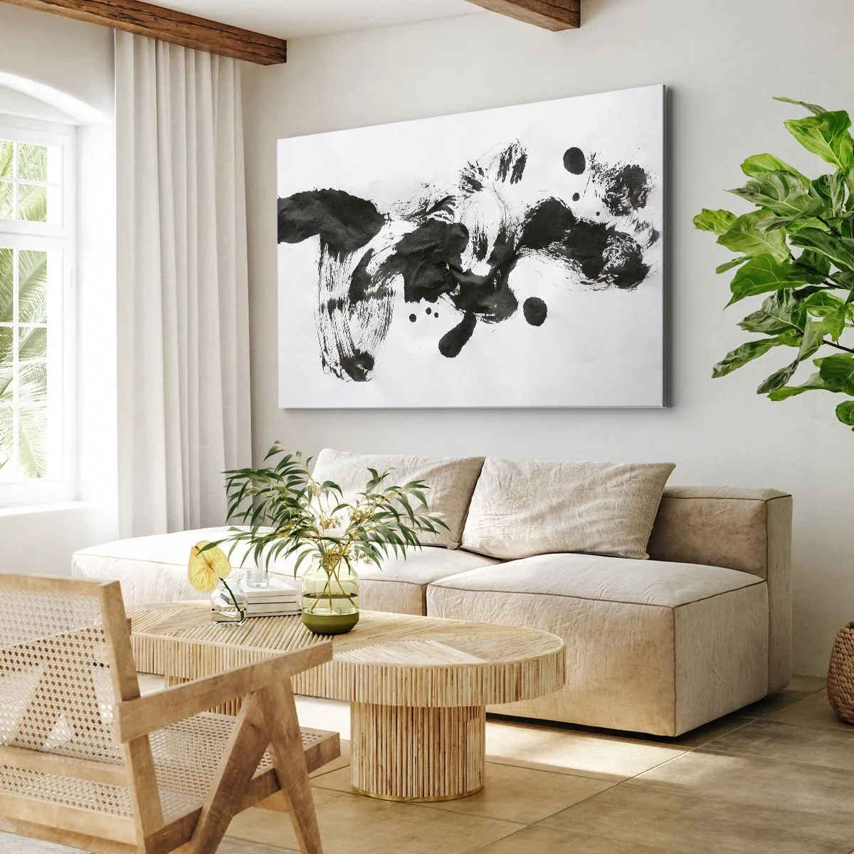 Obraz na płótnie - Abstrakcyjna kompozycja czarnych plam na białym tle - 70x50cm - W szaleństwie metoda? - Nowoczesna dekoracja ścienna do salonu i sypialni ARTTOR