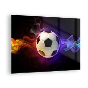 Obraz na szkle - Piłka nożna otoczona kolorowymi smugami - 70x50cm - Magiczna moc gry - Nowoczesna dekoracja ścienna do salonu i sypialni ARTTOR