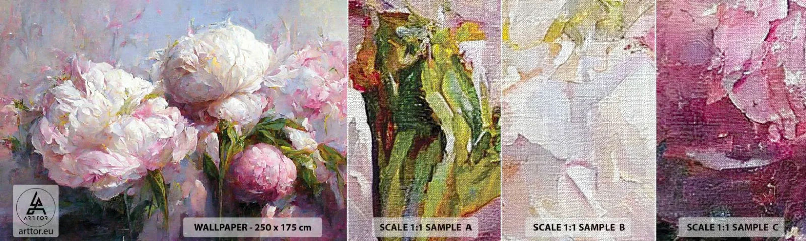 Fototapeta Próbka Premium Canvas - Kipiący życiem bukiet - Kwiaty, Piwonie, Klasycyzm - 100x30 cm