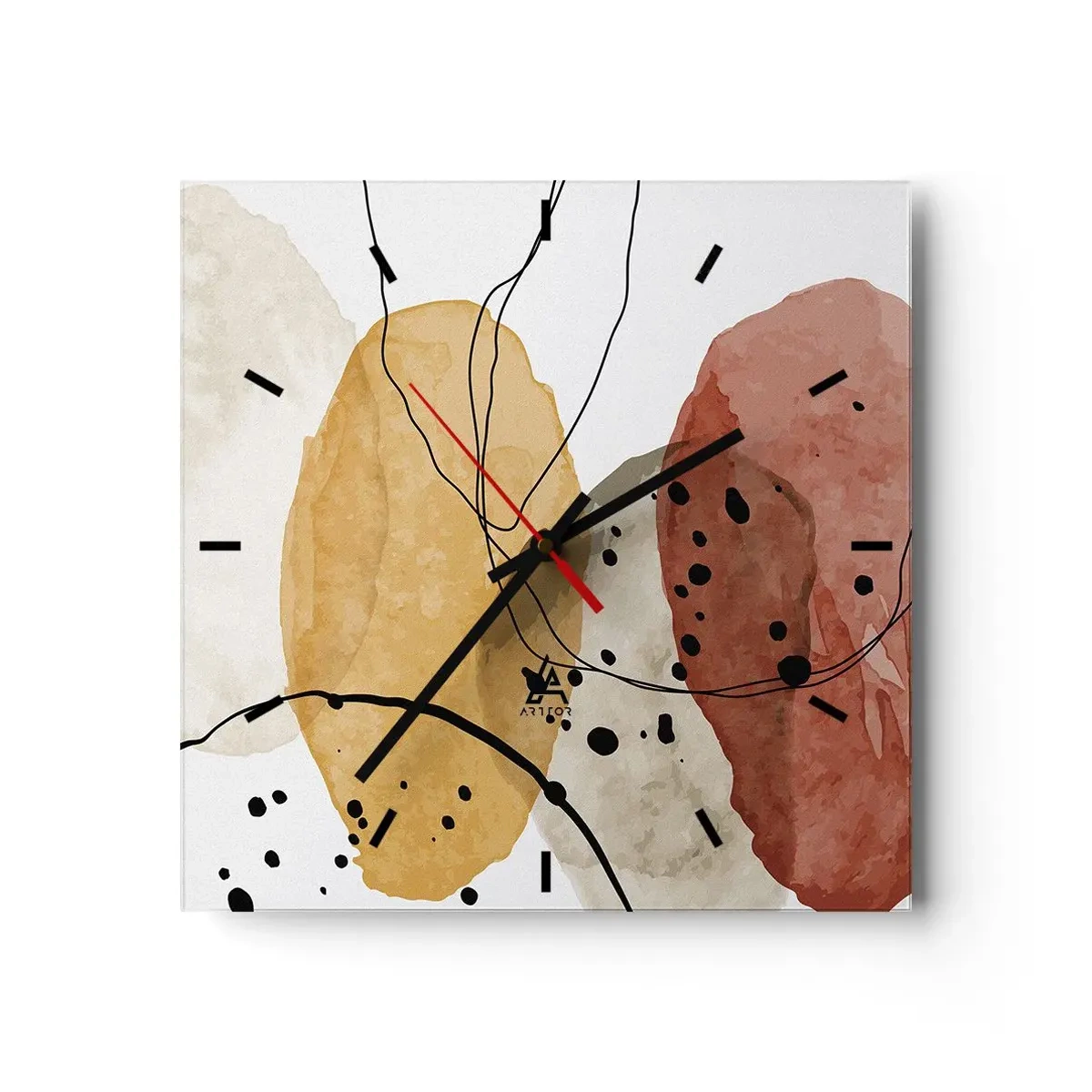 Zegar ścienny - Abstrakcyjne plamy w odcieniach beżu, żółci i czerwieni - 30x30cm - Jak powietrze lekkie, przejrzyste - Nowoczesna dekoracja ścienna do salonu i sypialni ARTTOR