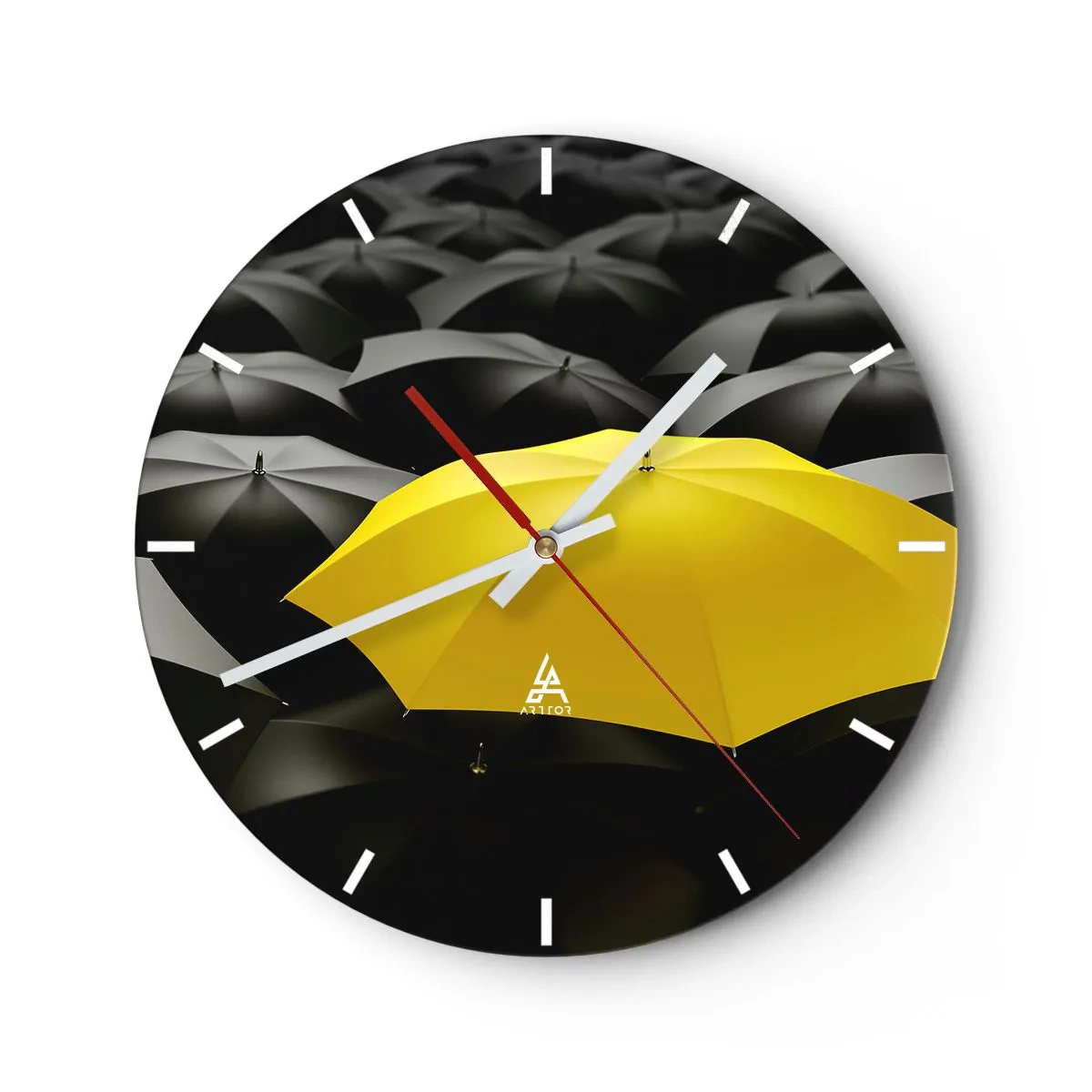 Zegar ścienny - Żółty parasol wyróżniający się na tle czarnych - 30x30cm - Żegnaj smutku - Nowoczesna dekoracja ścienna do salonu, kuchni i sypialni ARTTOR