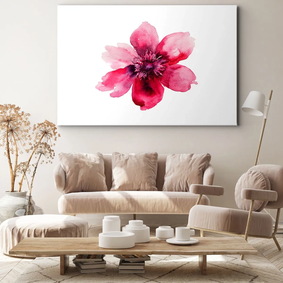 Obraz na płótnie - Różowy kwiat w akwarelowym stylu na białym tle - 70x50cm - Karminowy wonny pocałunek - Nowoczesna dekoracja ścienna do salonu i sypialni ARTTOR