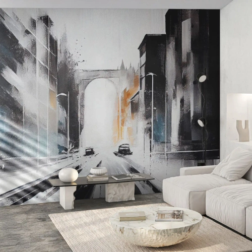 Fototapeta Premium Sand - Nowoczesna interpretacja miejskiej ulicy z łukiem i samochodami - 100x70cm - Studium miasta: architektura i ruch - Nowoczesna dekoracja ścienna do salonu, kuchni i sypialni ARTTOR