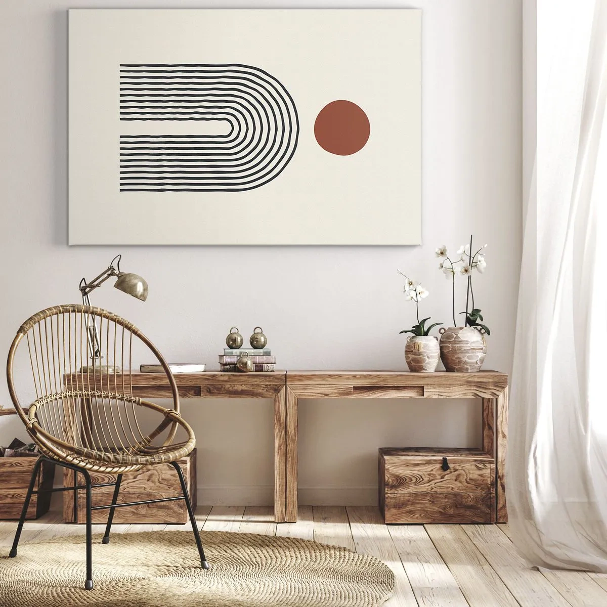Obraz na płótnie - Nowoczesny abstrakcyjny wzór z liniami i czerwonym okręgiem - 70x50cm - Magnetyzm kształtów i barw - Nowoczesna dekoracja ścienna do salonu i sypialni ARTTOR