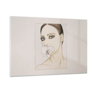 Obraz na szkle - Portret kobiety z orchideą w ustach na jasnym tle - 120x80cm - Symbol elegancji i piękna - Nowoczesna dekoracja ścienna do salonu, kuchni i sypialni ARTTOR