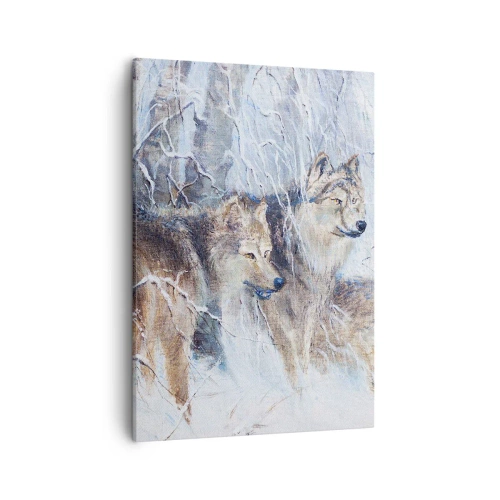Obraz na płótnie - Dwa wilki w zimowym, ośnieżonym lesie - 50x70cm - Uwaga! Nadchodzi… - Nowoczesna dekoracja ścienna do salonu, kuchni i sypialni ARTTOR