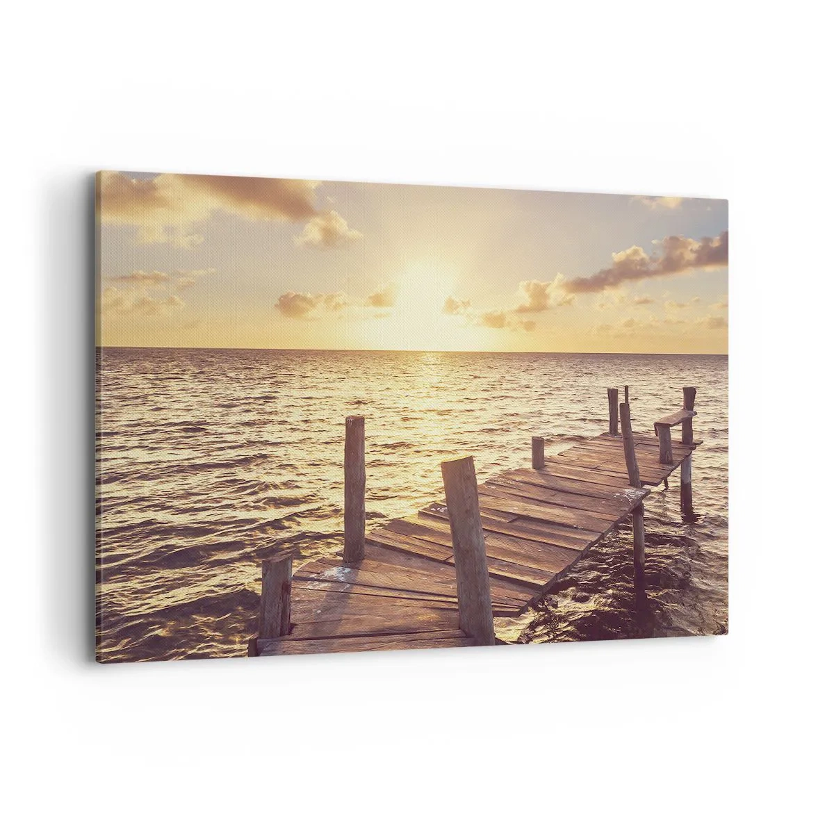 Obraz na płótnie - Drewniany pomost prowadzący w stronę zachodu słońca - 100x70cm - Złota kraina łagodności - Nowoczesna dekoracja ścienna do salonu, kuchni i sypialni ARTTOR