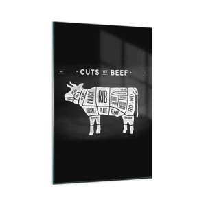 Obraz na szkle - Diagram cięć wołowych na czarnym tle - 80x120cm - Elementarz masarza - Nowoczesna dekoracja ścienna do salonu i sypialni ARTTOR