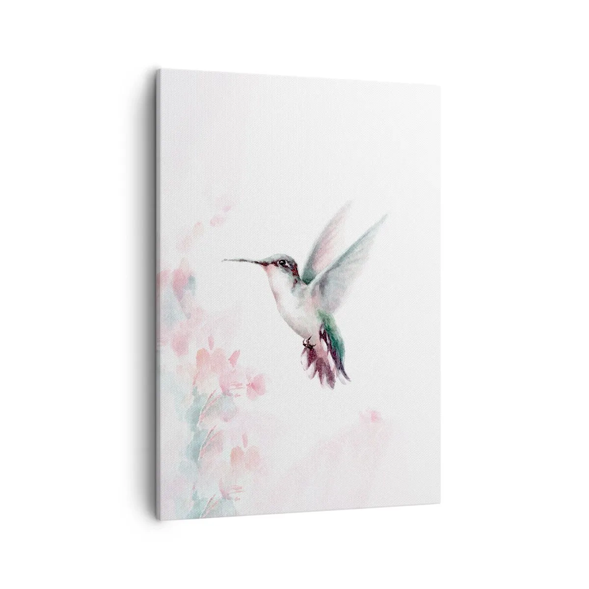 Obraz na płótnie - Akwarela przedstawiająca kolibra w locie obok pastelowych kwiatów - 50x70cm - Zatrzymany w trzepocie - Nowoczesna dekoracja ścienna do salonu, kuchni i sypialni ARTTOR