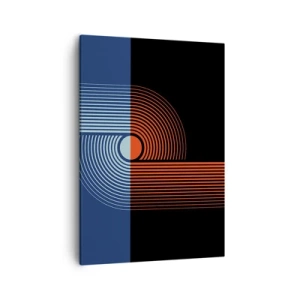 Obraz na płótnie - Abstrakcyjna kompozycja geometryczna w odcieniach niebieskiego, pomarańczowego i czerni - 50x70cm - W geometrycznym uścisku - Nowoczesna dekoracja ścienna do salonu, kuchni i sypialni ARTTOR