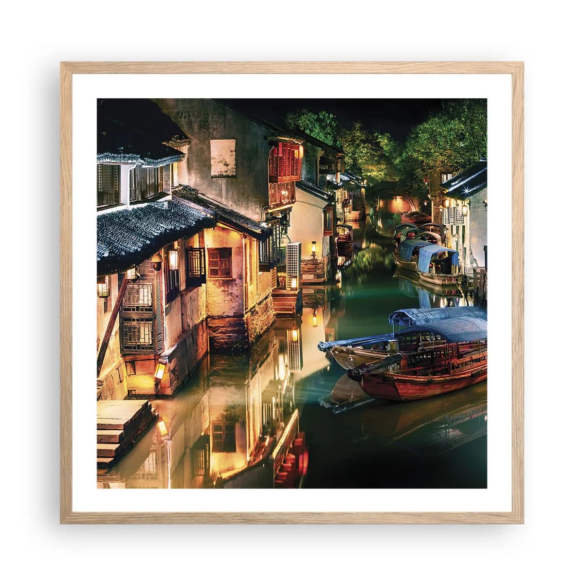 Plakat w ramie jasny dąb - Wieczór na chińskiej ulicy - 60x60 cm