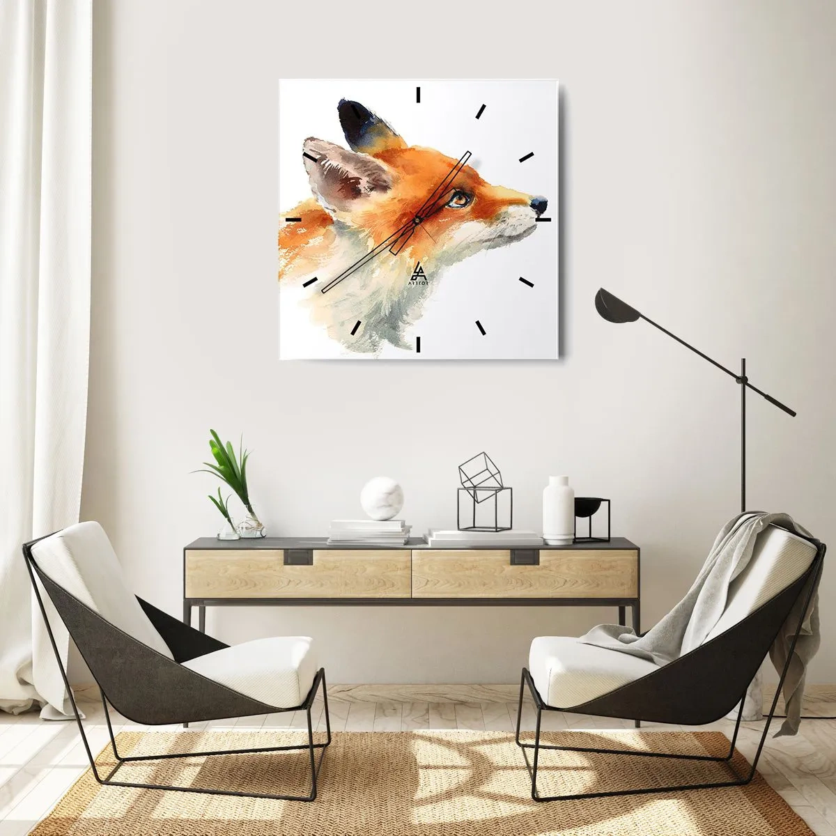 Zegar ścienny - Rudy lis w akwarelowym stylu na białym tle - 30x30cm - Ostrożności nigdy za wiele - Nowoczesna dekoracja ścienna do salonu i sypialni ARTTOR
