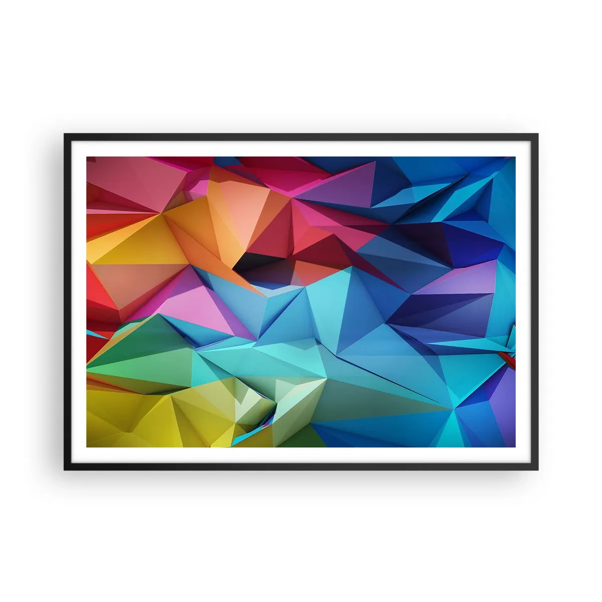 Plakat w czarnej ramie - Kolorowa abstrakcja geometryczna w żywych barwach - 100x70cm - Tęczowe origami - Nowoczesna dekoracja ścienna do salonu i sypialni ARTTOR