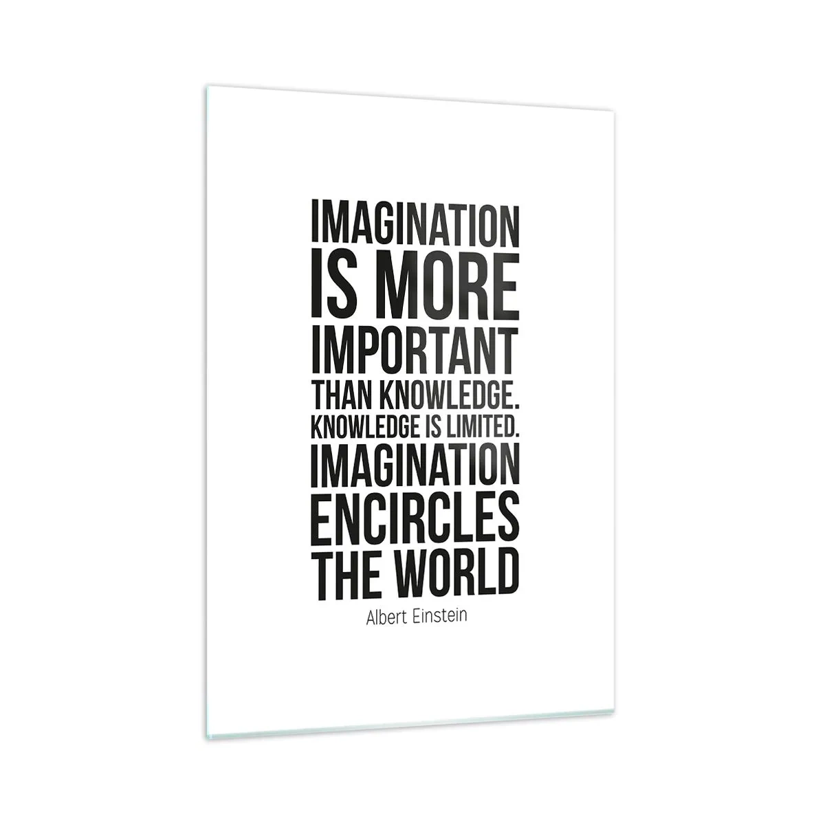 Obraz na szkle - Cytat o wyobraźni w minimalistycznej typografii - 50x70cm - Einstein o mocy wyobraźni - Nowoczesna dekoracja ścienna do salonu, kuchni i sypialni ARTTOR