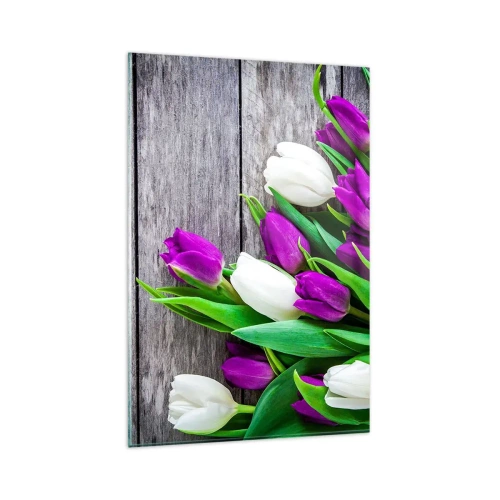 Obraz na szkle - Bukiet fioletowych i białych tulipanów na drewnianym tle - 80x120cm - W dniu wiosennego święta - Nowoczesna dekoracja ścienna do salonu i sypialni ARTTOR