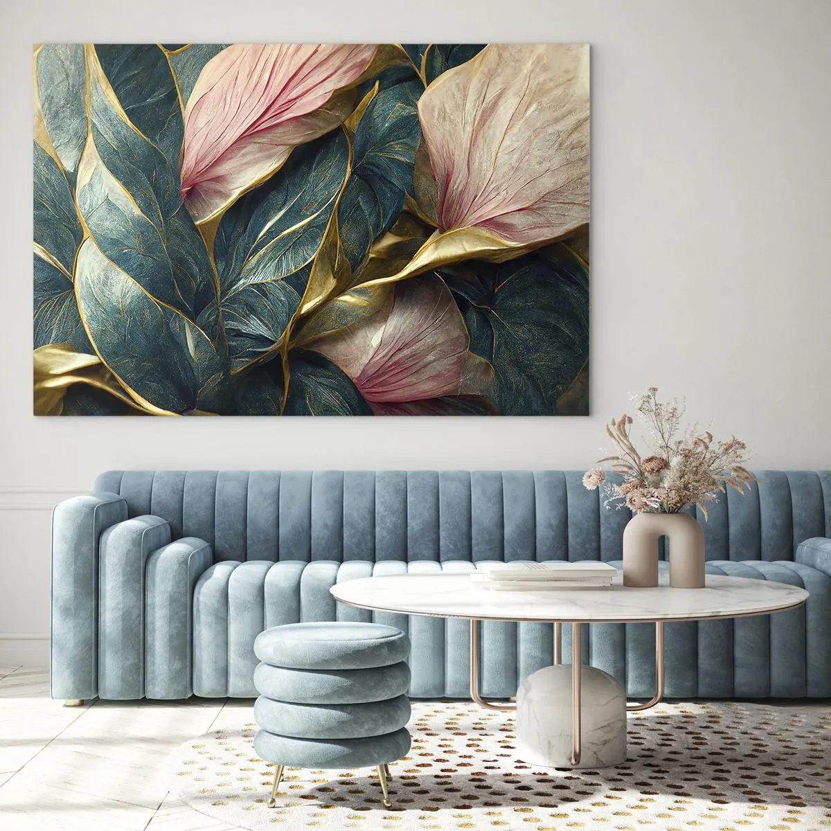 Obraz na szkle - Zielone i różowe liście z akcentami złota - 70x50cm - Naturalna elegancja i styl - Nowoczesna dekoracja ścienna do salonu i sypialni ARTTOR