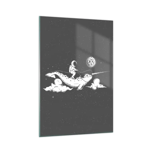 Obraz na szkle - Astronauta na grzbiecie narwala unoszącego się w kosmicznej scenerii - 70x100cm - Kosmiczny jeździec - Nowoczesna dekoracja ścienna do salonu i sypialni ARTTOR