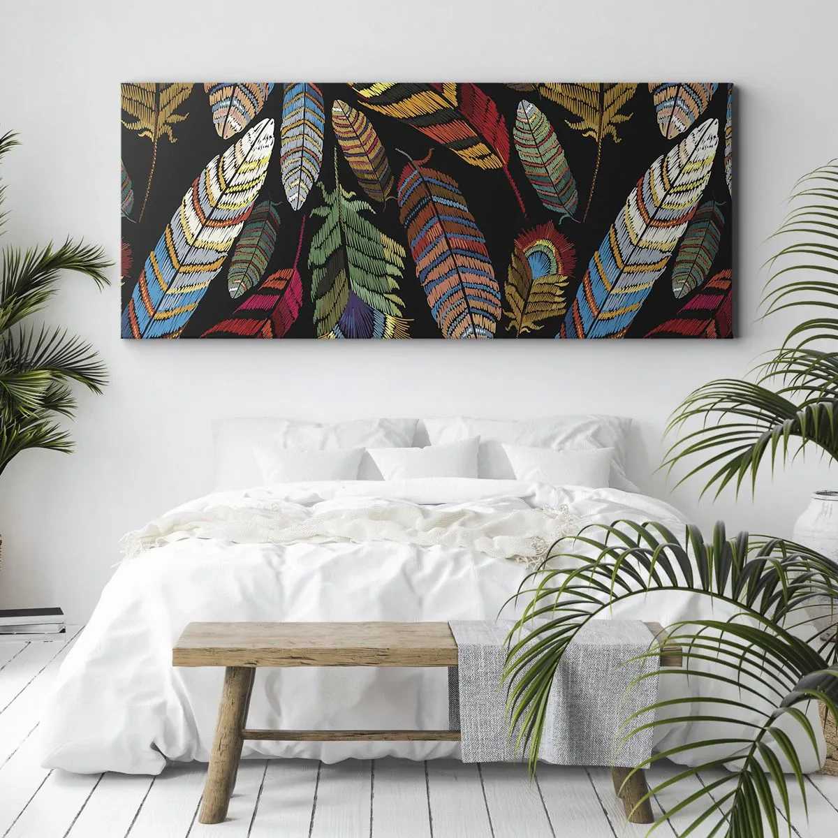Obraz na płótnie - Kolorowe pióra na czarnym tle - 160x50cm - Ptasi karnawał - Nowoczesna dekoracja ścienna do salonu i sypialni ARTTOR