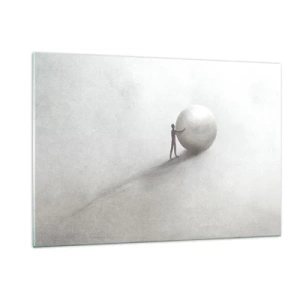 Obraz na szkle - Minimalistyczna sylwetka człowieka z dużą kulą na jasnym tle - 120x80cm - Gra życia - Nowoczesna dekoracja ścienna do salonu, kuchni i sypialni ARTTOR