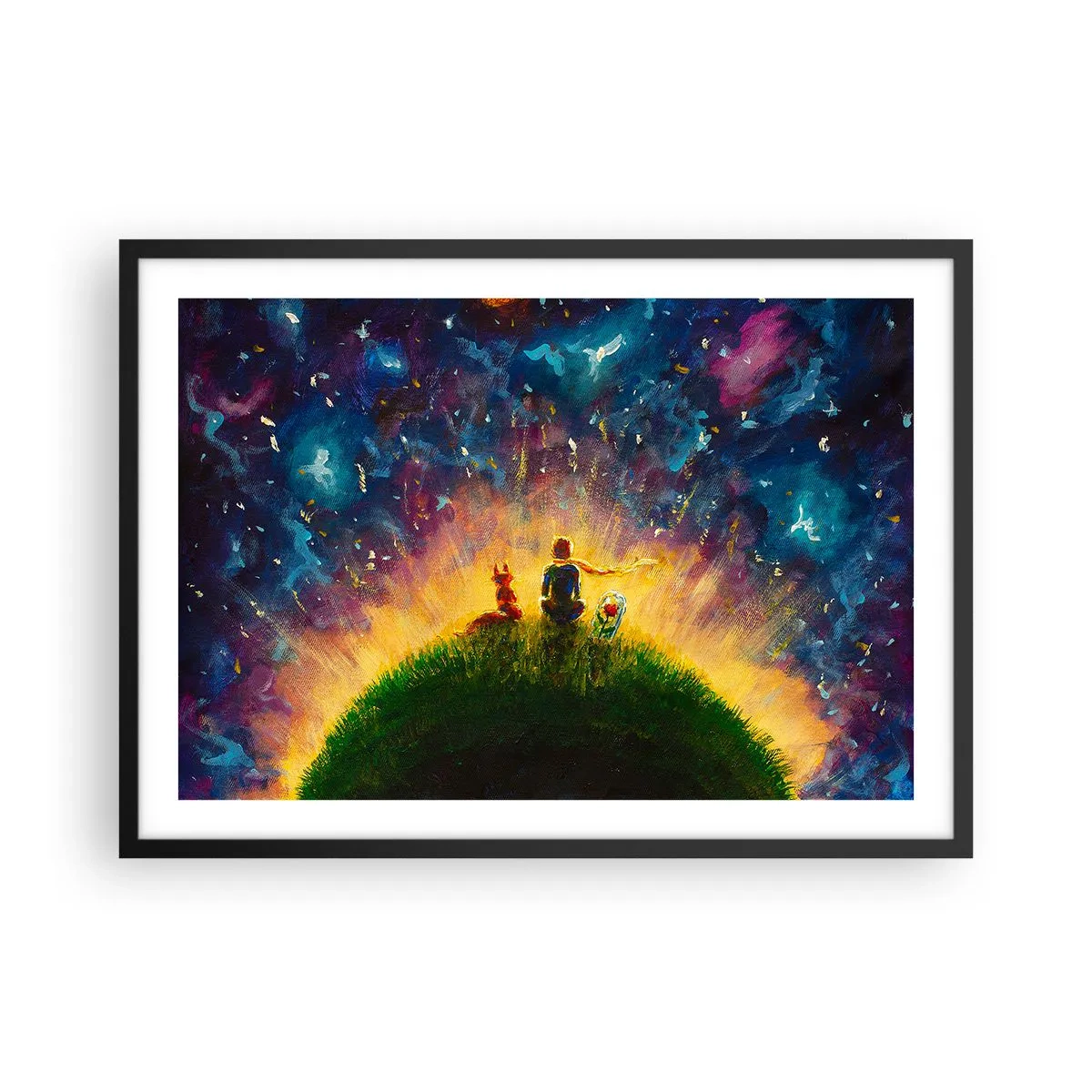 Plakat w czarnej ramie - Postacie na zielonym wzgórzu otoczone gwiaździstym niebem - 70x50cm - Miłość i przyjaźń - cały świat - Nowoczesna dekoracja ścienna do salonu i sypialni ARTTOR
