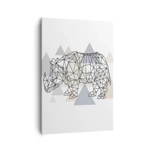 Obraz na płótnie - Geometryczny nosorożec na tle delikatnych trójkątów - 70x100cm - Struktura siły - Nowoczesna dekoracja ścienna do salonu i sypialni ARTTOR