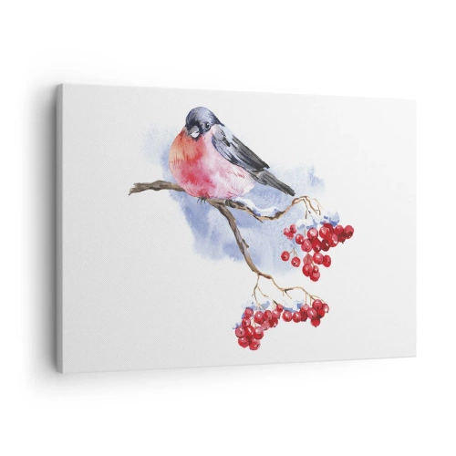 Obraz na płótnie - Ptak na gałęzi z czerwonymi owocami w tle akwareli - 70x50cm - Zima w kolorze - Nowoczesna dekoracja ścienna do salonu i sypialni ARTTOR