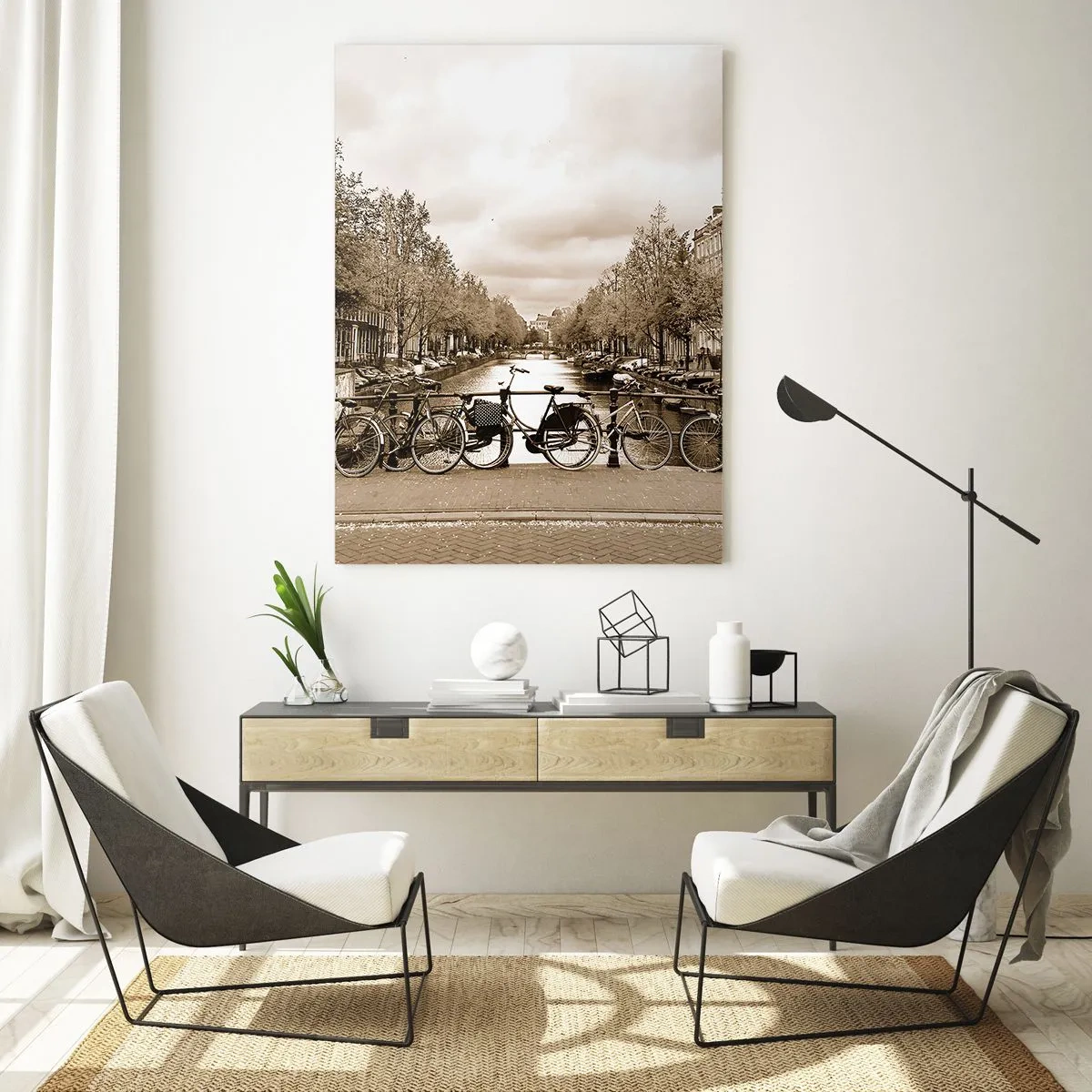 Obraz na szkle - Most w Amsterdamie z rowerami w stylu retro - 50x70cm - Holenderskie klimaty - Nowoczesna dekoracja ścienna do salonu, kuchni i sypialni ARTTOR