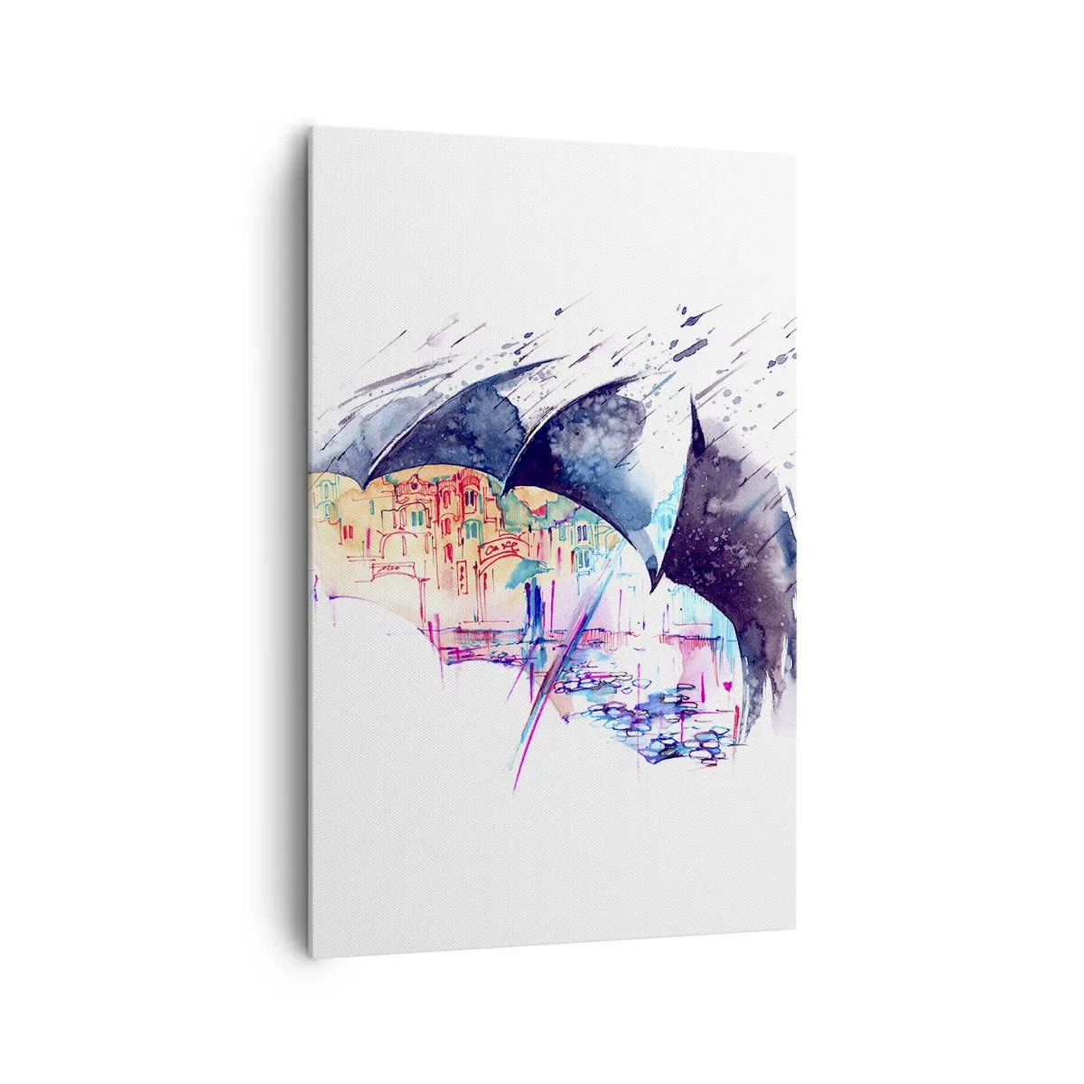 Obraz na płótnie - Kolorowe miasto ukryte pod abstrakcyjnymi parasolami - 80x120cm - Spacer w deszczu - Nowoczesna dekoracja ścienna do salonu i sypialni ARTTOR