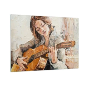Obraz na szkle - Dziewczyna grająca na gitarze w impresjonistycznym stylu - 70x50cm - Koncert na gitarę i dziewczęce serce - Nowoczesna dekoracja ścienna do salonu i sypialni ARTTOR