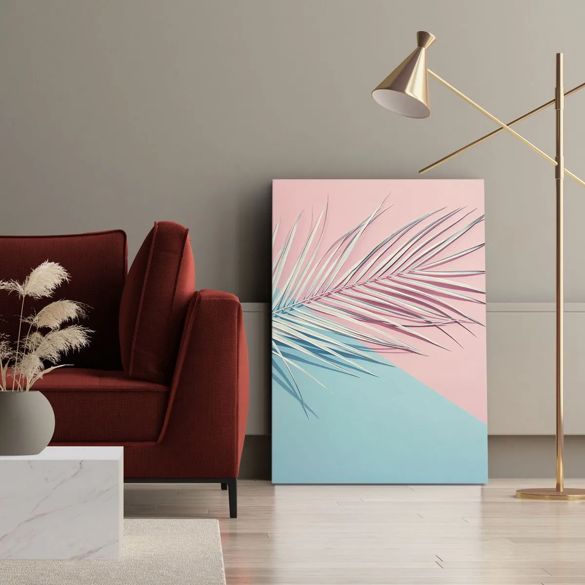 Obraz na płótnie - Tropikalny liść na tle pastelowych odcieni różu i błękitu - 80x120cm - Tropikalna impresja - Nowoczesna dekoracja ścienna do salonu i sypialni ARTTOR