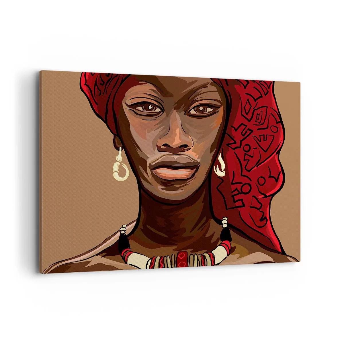 Obraz na płótnie - Portret kobiety z czerwonym turbanem na beżowym tle - 120x80cm - Hebanowa Wenus - Nowoczesna dekoracja ścienna do salonu, kuchni i sypialni ARTTOR