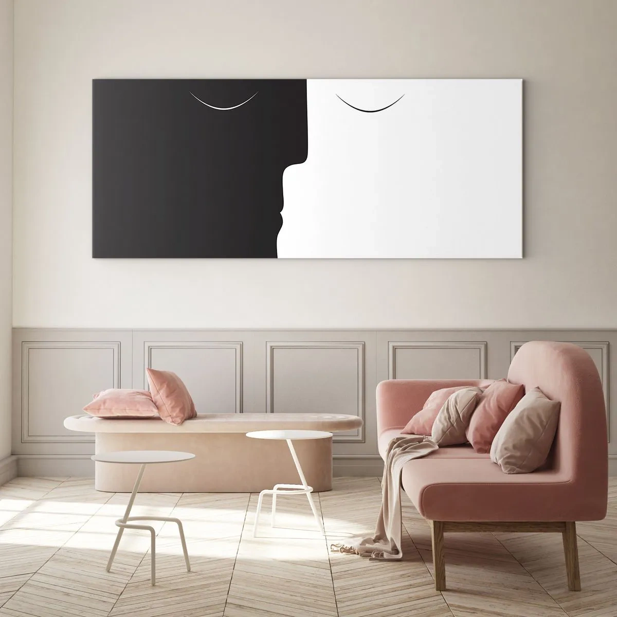 Obraz na szkle - Minimalistyczna sylwetka dwóch twarzy w kontrastowych kolorach - 140x50cm - Jedność przeciwieństw - Nowoczesna dekoracja ścienna do salonu i sypialni ARTTOR
