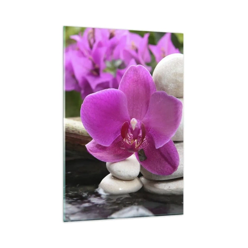 Obraz na szkle - Fioletowa orchidea, kamienie i bambus z wodą w relaksacyjnym otoczeniu - 80x120cm - Już odpoczywasz - Nowoczesna dekoracja ścienna do salonu i sypialni ARTTOR