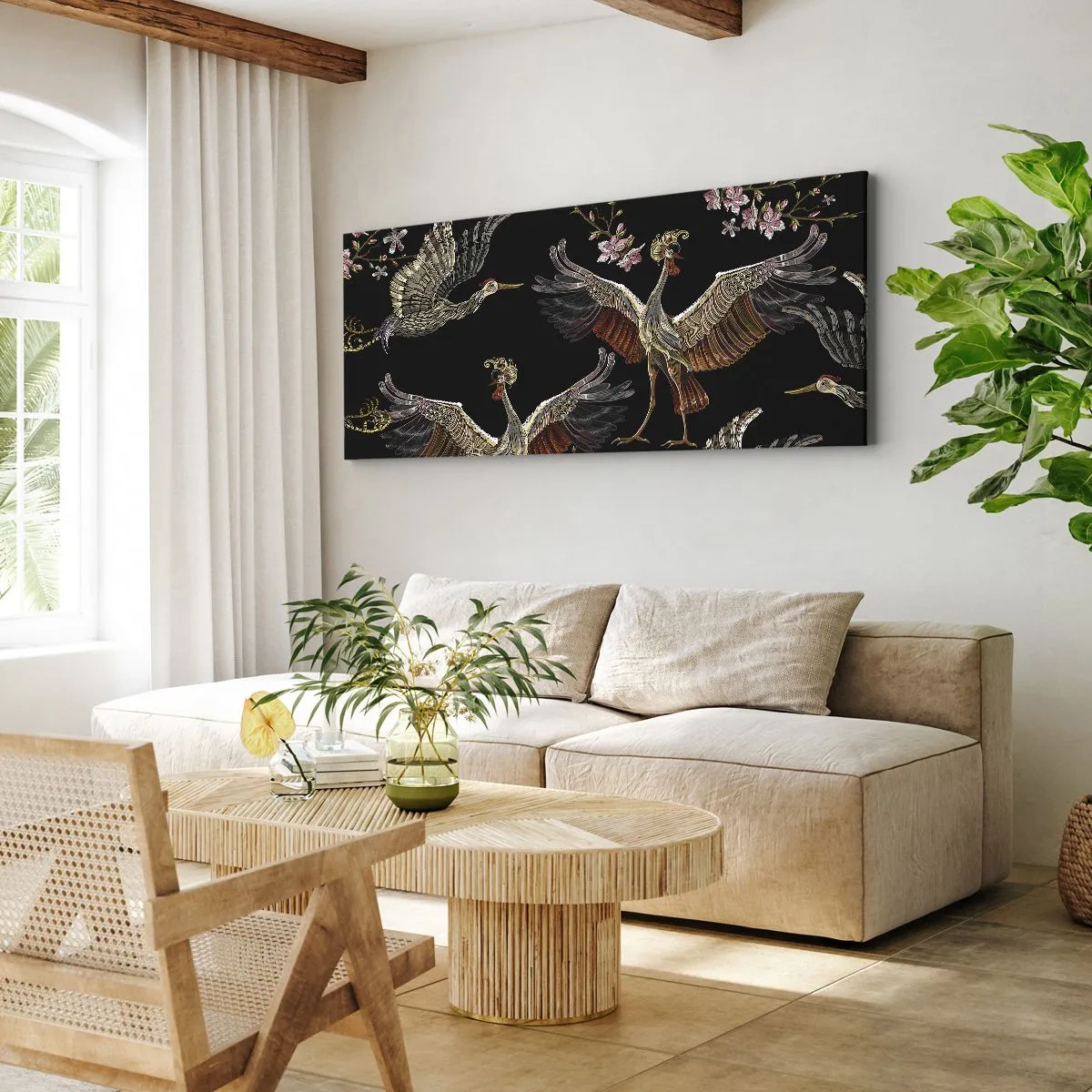 Obraz na płótnie - Stylowe żurawie i kwiaty na czarnym tle - 160x50cm - Baśniowy ptak - Nowoczesna dekoracja ścienna do salonu i sypialni ARTTOR