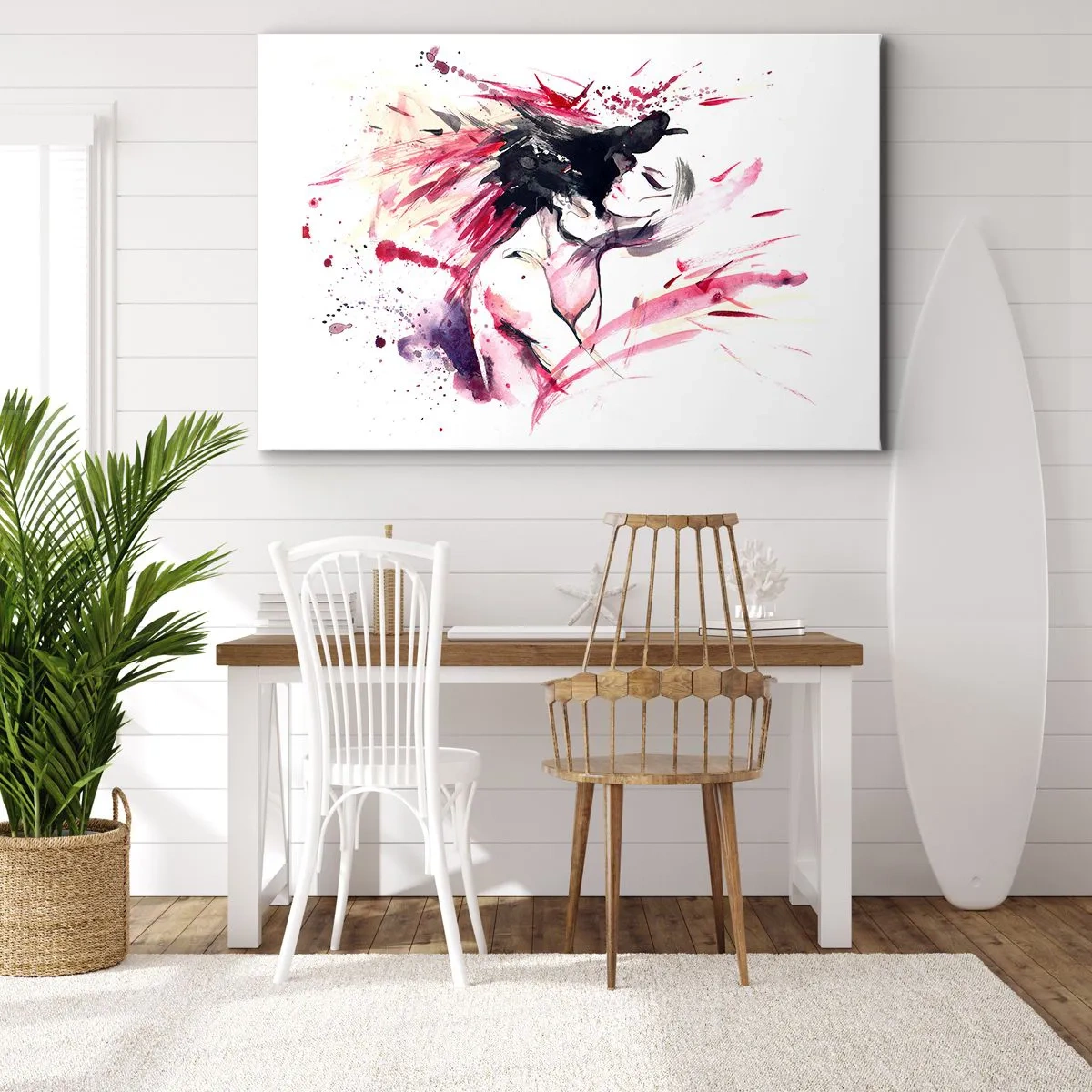 Obraz na płótnie - Abstrakcyjny portret kobiety w dynamicznych czerwonych akcentach - 100x70cm - Miłosne spełnienie - Nowoczesna dekoracja ścienna do salonu, kuchni i sypialni ARTTOR