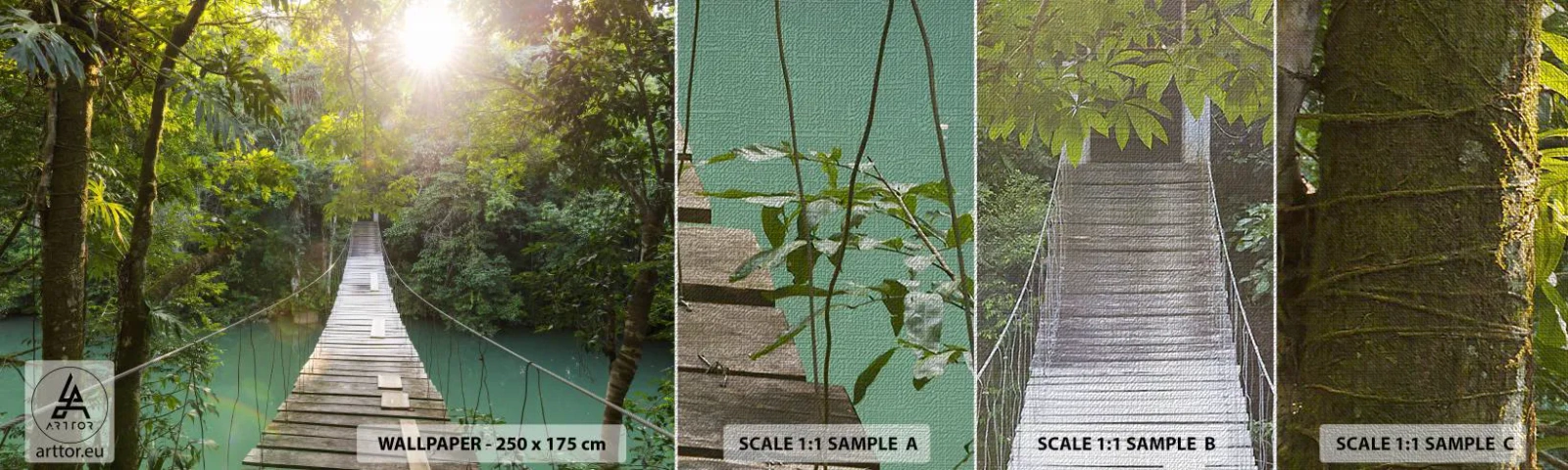 Fototapeta Próbka Premium Canvas - Nad lazurową wodą do lazurowego lasu - Krajobraz , Dżungla, Drewniany Most - 100x30 cm