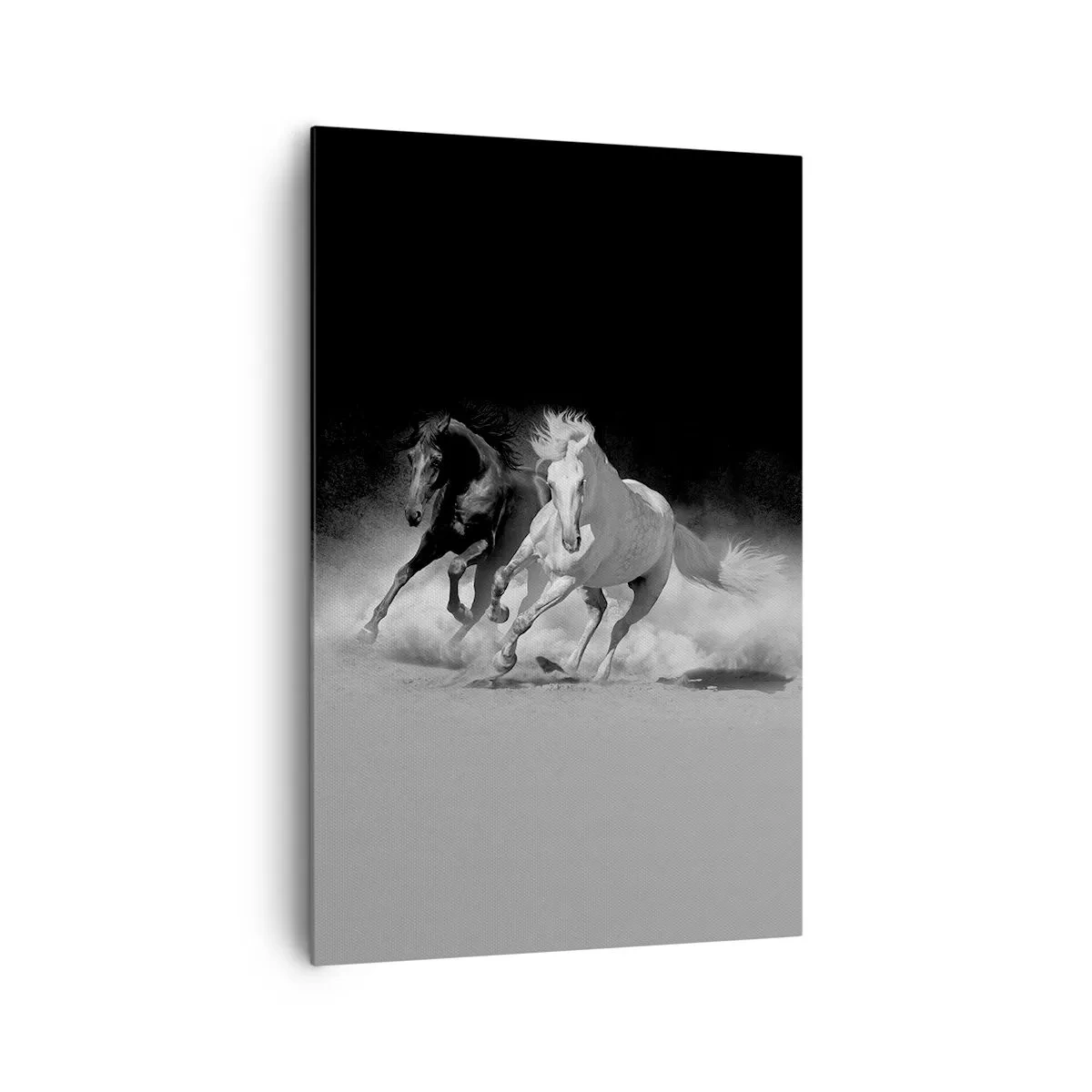 Obraz na płótnie - Biegnące konie w czerni i bieli - 80x120cm - Galop wolności - Nowoczesna dekoracja ścienna do salonu i sypialni ARTTOR