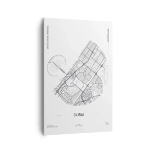 Obraz na płótnie - Minimalistyczna mapa Dubaju w czarno-białej kolorystyce z oznaczeniami lokalizacji - 80x120cm - Anatomia Dubaju - Nowoczesna dekoracja ścienna do salonu i sypialni ARTTOR